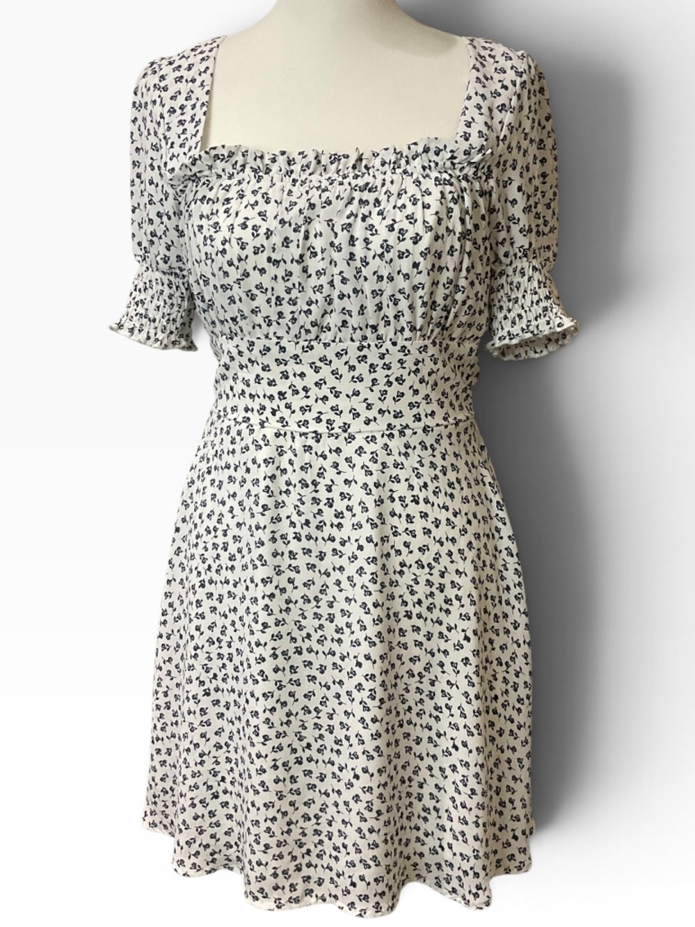 Altar’d State Floral Square-Neck Mini Dress in White with Blue Flowers